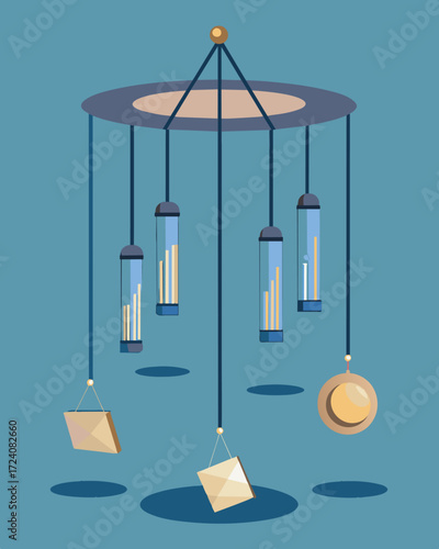 A set of wind chimes suspended in the air each one topped with a small rotating solar panel that powers the gentle tinkling sounds.. Vector illustration