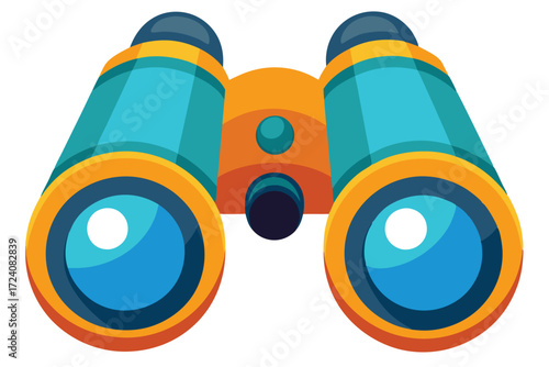 Upward angle presents blue and orange binoculars with clear lens reflections on white background