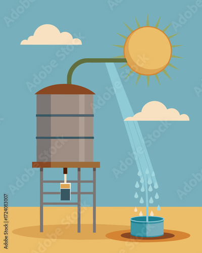 A trickle of water flows from a spout attached to a simple metal tank powered by the suns rays and providing hot water for the entire village.. Vector illustration