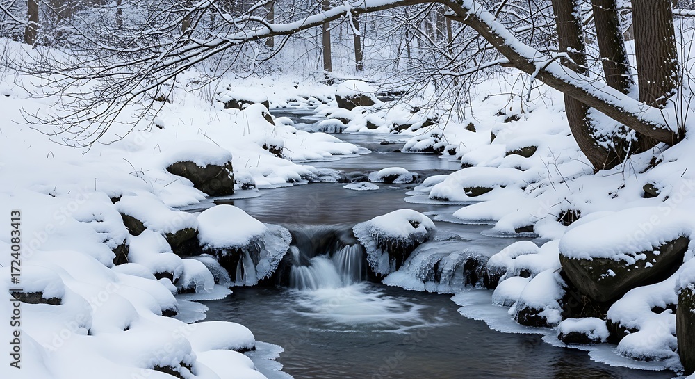 Fototapeta premium Enchanting winter landscape with snow-covered rocks and frozen river stream