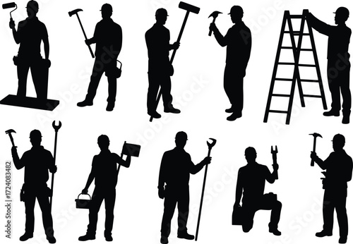 Construction workers silhouette, maintenance crew tools, industrial labor poses, handyman equipment, job site illustration, black vector, workforce diversity, repair