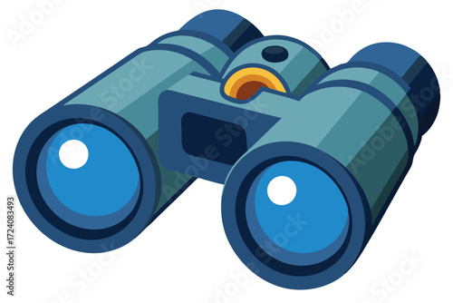 Blue cartoon binoculars are shown in a close up illustration