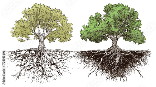 Uprooting Two Trees Vector Illustration: Growth, Change, Impact of Deforestation