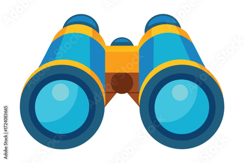 Blue and yellow binoculars show lens details against a clear white background