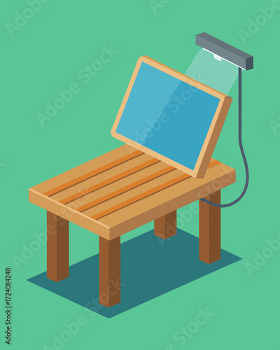 A simple wooden bench with a hidden solar charger tucked underneath the seat providing a sustainable energy option for those in need of a quick power boost.. Vector illustration