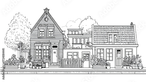 Linear Dutch Houses Vector Illustration Isolated