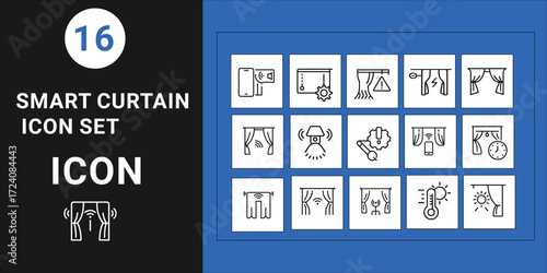 A Modern Digital Collection of Smart Window Covering Icons for Home Automation Systems. Explore Line Vector Graphics for Intelligent Curtain Management and Contemporary Living Solutions.