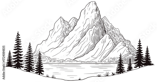 Majestic mountain range with pine trees and lake peaks