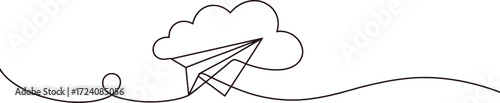 Minimalist line art paper airplane flying through a cloud flight