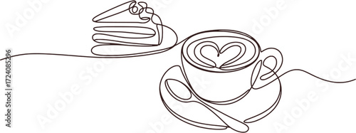 Minimalist line drawing of coffee with heart latte art and layered cake dessert