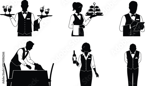 Professional waiter, restaurant service, waitress holding tray, serving drinks, food service, wine presentation, table setting, menu order, 