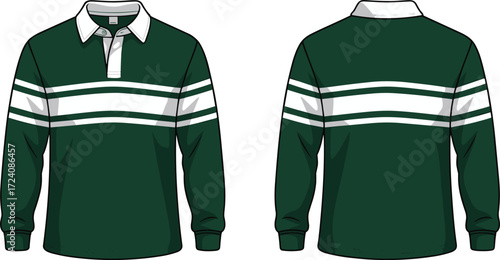 Green rugby shirt with double white stripes, long sleeve rugby top, collar and button placket, vector fashion flat sketch, cad clothing design template illustration