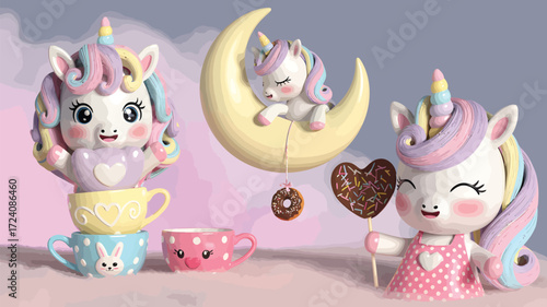 Adorable Kawaii Unicorn Characters with Pastel Colors and Treats