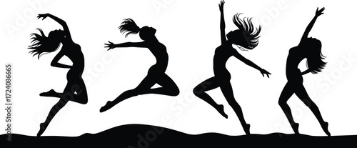 Dance silhouette collection, female dancers, modern choreography, performance art, stage movement, expressive poses, vector illustration, black silhouettes, artistic motion, energy