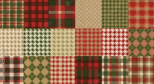 Festive tartan and houndstooth collage background for holiday designs