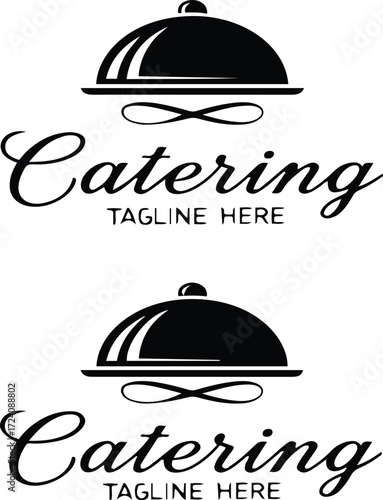 Vector art of elegant catering logo featuring a cloche with the word catering and the words tagline here below it in a cursive font