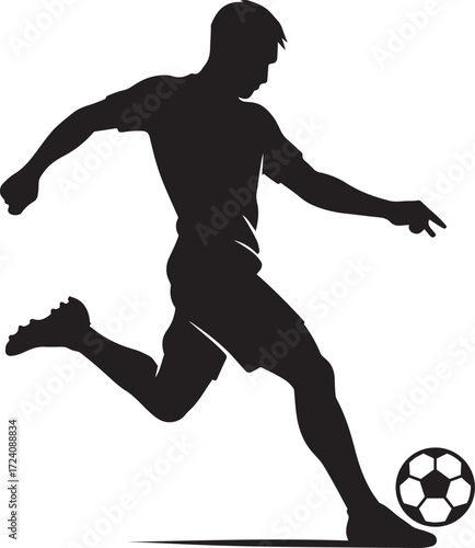 Soccer player silhouette kicking ball isolated on white vector illustration