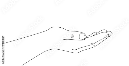 Line art illustration of a hand with an open palm facing upward, presented on a white background.