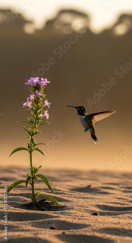 A captivating moment of nature a hummingbird approaches a vibrant purple flower in a serene desert landscape, capturing the beauty of life