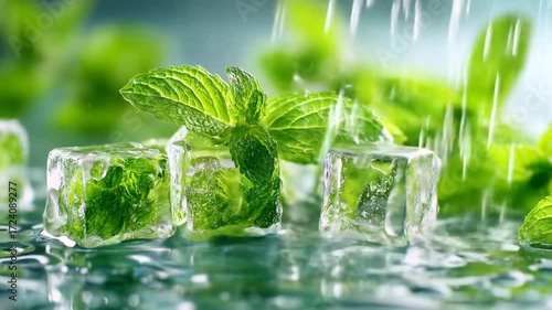 Fresh mint leaves on ice cubes