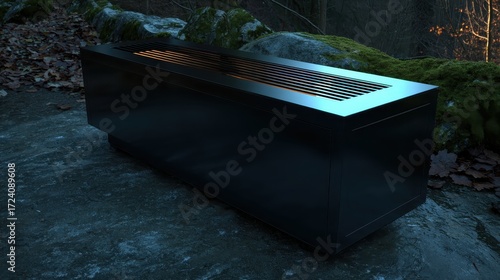 Sleek Modern Bench in Natural Forest Setting with Evening Light