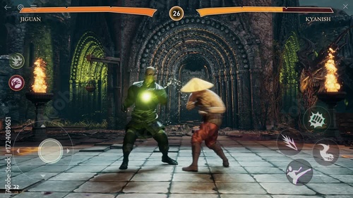 Playing the newest vs fighting gaming simulator on the mobile phone. Controlling the warrior using touchscreen in vs fighting gaming battle. Winning the match of the competitive vs fighting gaming.