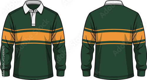 Striped rugby shirt fashion flat sketch with contrast collar long sleeve men’s sportswear casualwear technical drawing vector apparel design template