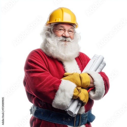 Santa Claus in construction attire with blueprints ready for a project