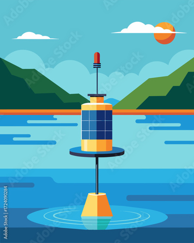 A solarpowered monitoring buoy anchored in a pristine lake measuring water quality and tracking changes over time.. Vector illustration