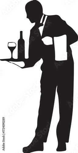 Vector art of silhouette of a waiter holding a tray with wine