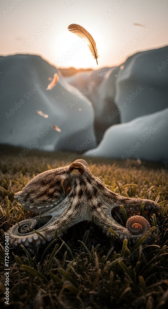 Obraz premium An artistic portrayal of an octopus resting on grass, with a surreal floating feather and glacial backdrop, illuminated by the setting sun