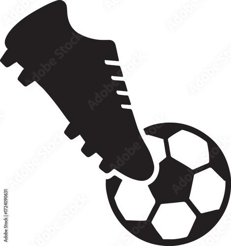 Soccer Shoe Kicking Football Ball Silhouette Vector Icon, Sports Equipment Symbol for Football Game, Soccer Training, Team Match, Athletic Logo Design Isolated on White Background