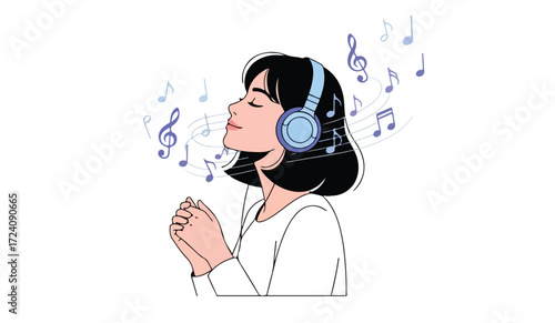 Woman with headphones enjoying music, serene expression, surrounded by musical notes.