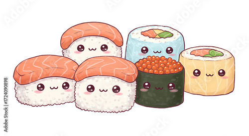 Cute Kawaii Sushi Characters Illustration