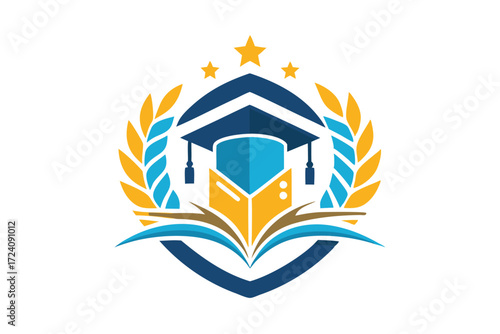 An academic cap and open book emblem is showcased with star embellishments