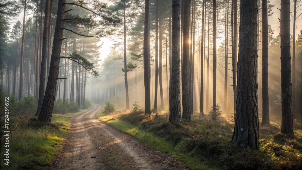 Fototapeta premium Sunbeams Illuminating a Misty Forest Path