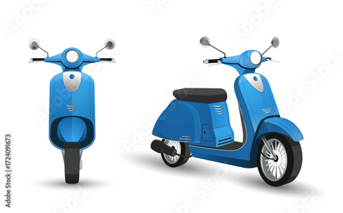 Blue retro scooter front and side view. Isolated vector illustration
