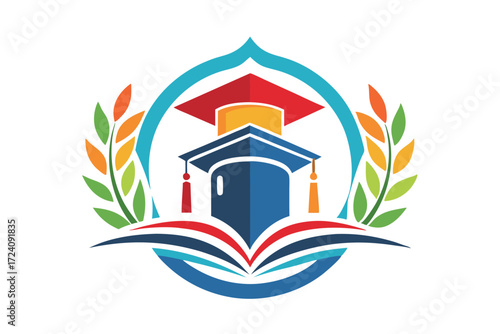 Vibrant graduation cap logo design framed by colorful leafy branches and an open book