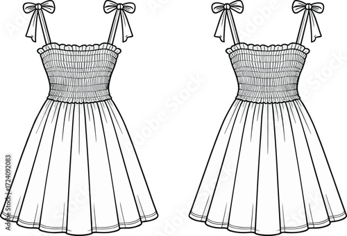 Sundress fashion flat vector illustration smocked dress with straps bow detail women’s clothing template outline cad technical drawing apparel design sketch