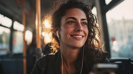 smiling young woman wearing earphones standing by herself on a bus listening to music on a smartphone  no logos no brands ar 169