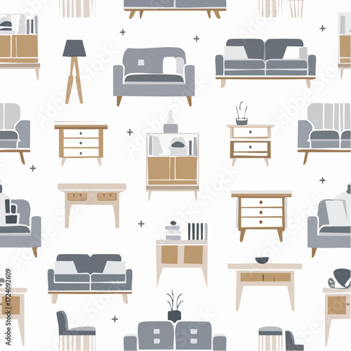 Seamless pattern of furniture elements creates a cozy and modern interior design on a white backdrop, evoking a sense of comfort and style.