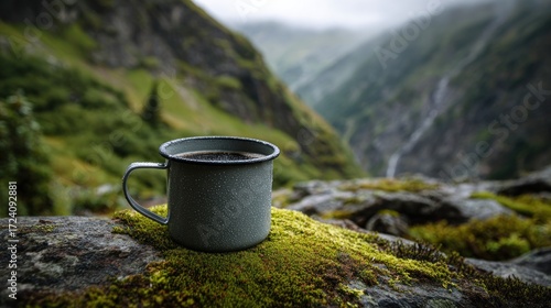 Mountaintop coffee in a vintage mug