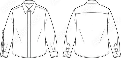 Long sleeve button-up shirt vector illustration men’s fashion flat cad technical drawing apparel design clothing template outline formal casual shirt sketch