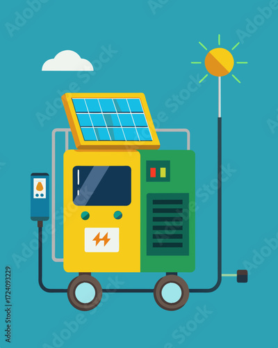 A solarpowered generator is used to supply electricity for mobile charging stations allowing disaster victims to communicate with loved ones and access important information.. Vector illustration