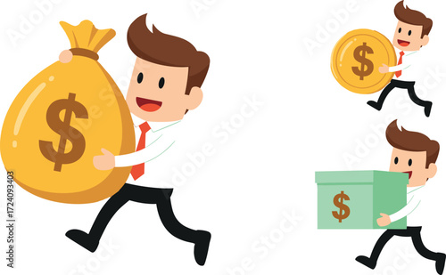 Businessman Running with Money Bag, Coin, and Cash Box – Finance Concept, Wealth Chase, Investment Icon, Cartoon Vector Illustration