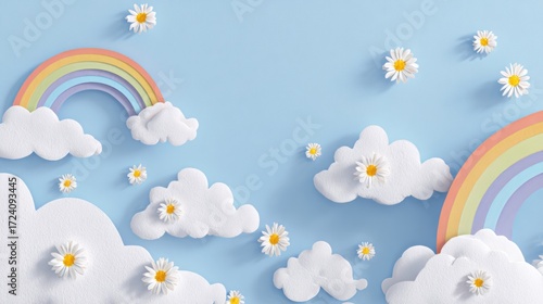Pastel sky with clouds, rainbows, and daisies