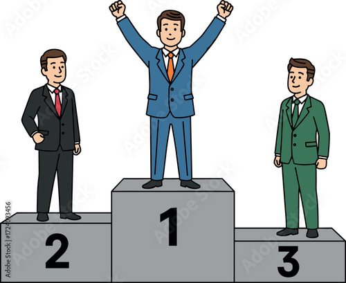 Businessmen standing on winner podium celebrating success, competition ranking, leadership achievement, career growth, corporate victory, top position, professional excellence