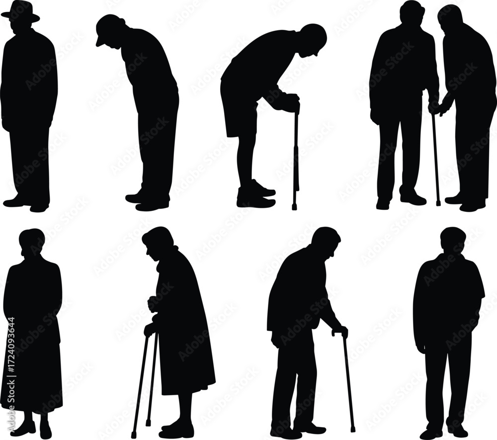 Obraz premium Elderly silhouette illustration, senior people walking, cane support, aging mobility, black vector, frail posture, geriatric care, social support, white background