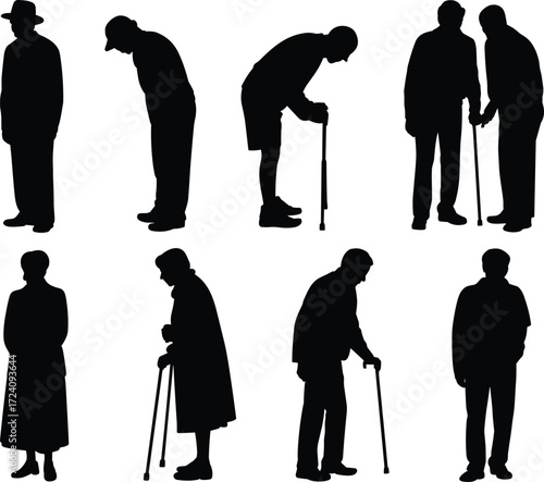 Elderly silhouette illustration, senior people walking, cane support, aging mobility, black vector, frail posture, geriatric care, social support, white background