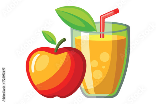 Refreshing apple juice in a glass alongside a ripe red apple with green leaves